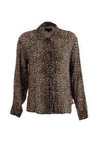 Blusa de leopardo de manga larga con botones en la parte delantera y cuello clásico, hecha de tela ligera.