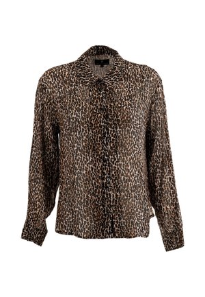 Blusa leopardata a manica lunga con bottoni sul davanti e colletto classico, realizzata in tessuto leggero.