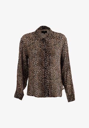 Blouse à manches longues en imprimé léopard avec des boutons sur le devant et un col classique, fabriquée en tissu léger.