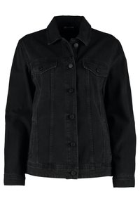 Giacca di jeans nera con chiusura a bottoni, due tasche sul petto, colletto a punta, maniche lunghe e bordo leggermente accorciato. Tessuto liscio.