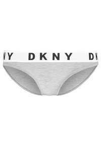 Mutande bikini in cotone grigio con fascia elastica bianca recante il logo nero "DKNY". Texture liscia e senza ulteriori motivi o dettagli.