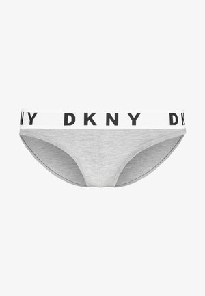 Pilka medvilninė bikini stiliaus apatinė trikotažas su balta elastinga juosta, ant kurios yra juodas „DKNY“ logotipas. Lygus paviršius, be papildomų raštų ar akcentų.