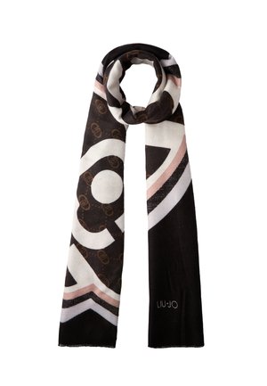 Sciarpa a motivi nera, bianca e marrone con forme geometriche e il logo "Liu Jo" nell'angolo in basso, esposta piatta e annodata.