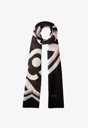 Écharpe à motifs noirs, blancs et bruns avec des formes géométriques et le logo "Liu Jo" dans le coin inférieur, présentée à plat et enroulée.
