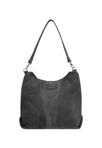 Borsa a tracolla in camoscio grigio dal design morbido e non strutturato. Presenta un pannello anteriore testurizzato e una tracolla removibile con dettagli in metallo.