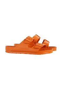 Orange slides made of rubber with two adjustable straps. Features a contoured footbed and textured sole for grip. Smooth finish.