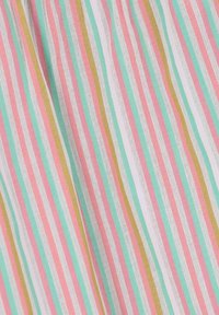 Striped fabric in pink, mint green, white, and yellow. Thin, even stripes create a textured appearance with a soft, lightweight look.