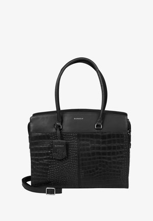 Sac à main noir avec un mélange de motifs crocodile lisse et gaufré. Il possède des poignées doubles, une bandoulière et une étiquette de marque. Fabriqué en simili cuir.
