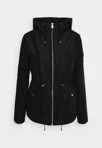 Czarna kurtka z kapturem, zapinana na zamek z przodu, z regulacją w talii na sznurek. Posiada dwie przednie kieszenie oraz srebrne ozdoby. Gładki, trwały materiał.