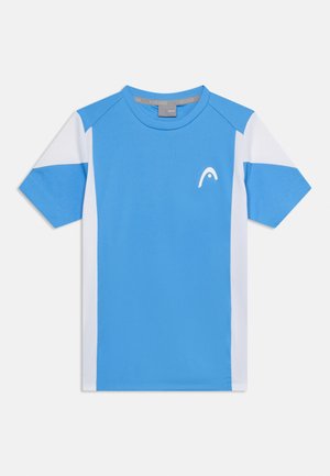 Korte mouwen sportshirt in blauw met witte zijpanelen en mouwen, met een klein wit logo op de linkerborst.