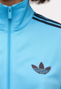 Ανοιχτό μπλε ζακέτα με φερμουάρ και ψηλό γιακά, σκούρες μπλε ρίγες στους ώμους και σκούρο καφέ κεντημένο λογότυπο στο στήθος. Ομαλή υφή.