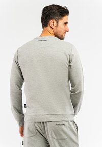 Grauer Sweatshirt mit langen Ärmeln, Rundhalsausschnitt und gerippten Bündchen. Auf der Rückseite befindet sich das Logo "ICE ICEBERG". Weicher Stoff und lässige Passform.