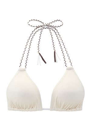 Cremefarbenes Bikini-Oberteil in Dreiecksform mit subtiler Struktur und geflochtenen braunen und weißen Neckholderbändern, die oben mittig zu einer Schleife gebunden sind.