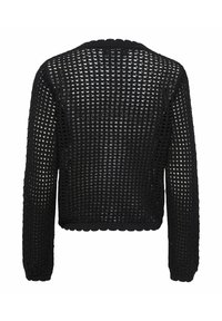 Suéter negro de punto de crochet de manga larga con patrón de cuadrícula abierta y dobladillo ondulado, visto desde atrás.