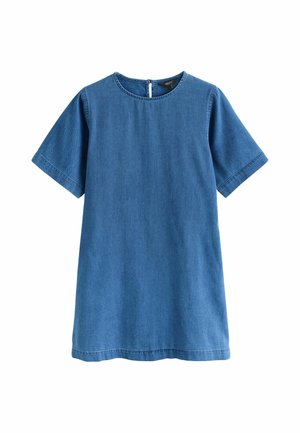 Kurzärmliges blaues Jeanskleid mit rundem Ausschnitt und Reißverschluss am Rücken, auf weißem Hintergrund dargestellt.