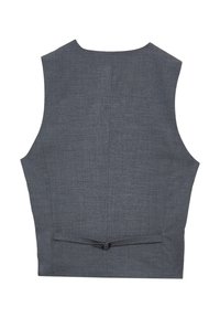 Gray textured vest with a rounded neckline, sleeveless design, and a decorative strap at the back for adjustment.