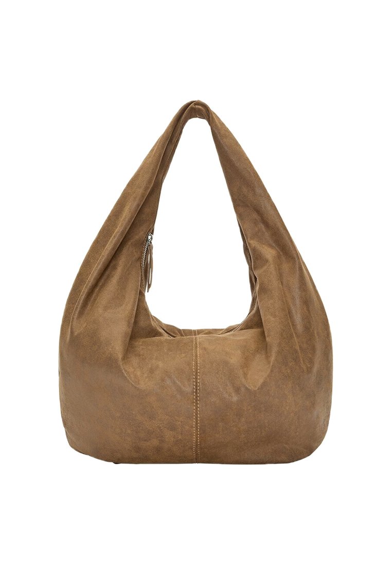 Brown leather hobo bag with a soft texture, slouchy design, and a single shoulder strap. Features a central zipper closure and seam detailing.