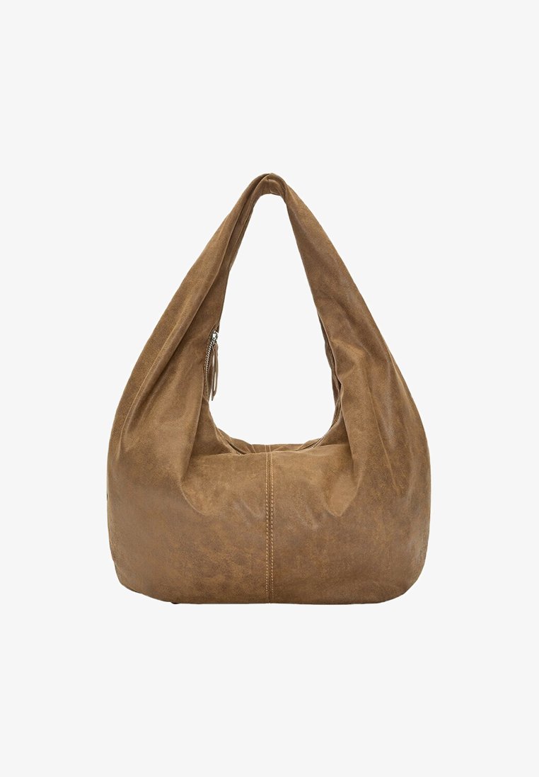 Brun læder hobo taske med blød tekstur, afslappet design og en enkelt skulderrem. Har en central lynlåslukning og sømdetaljer.