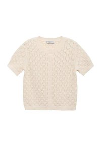 Cardigan en maille crème à manches courtes, col rond, boutonnage devant, motif ajouré en forme de losange.