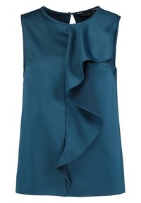 Sukienka bez rękawów w kolorze niebiesko-zielonym z satyny, z okrągłym dekoltem i falbaną na przodzie, z dyskretnym zapięciem z tyłu.