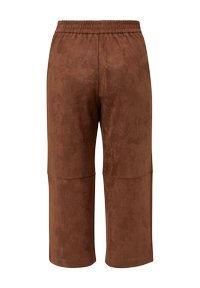 Bruine, zachte stoffen broek met een gladde textuur, voorzien van een elastische tailleband en een cropped lengte met paneeldetails.