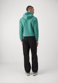 Turquoise hoodie with a hood, seen from the back. Paired with black pants and sneakers. Smooth fabric with ribbed cuffs.