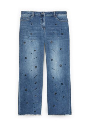 Niebieskie jeansy o prostych nogawkach z czarnymi cekinowymi kwiatowymi i kropkowymi zdobieniami, postrzępionymi krawędziami i klasycznym fasonem z pięcioma kieszeniami.
