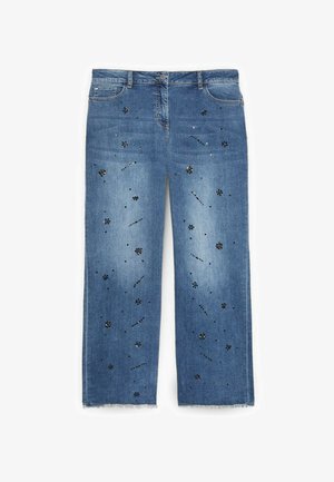 Blauwe recht gesneden spijkerbroek van denim met zwarte pailletten in bloem- en stippenpatroon, rafelige zomen en klassieke vijfzakkenontwerp.