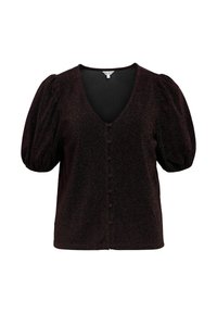 Sort kortærmet blouse med puffede ærmer, dyb V-udskæring og stofbeklædte knapper ned foran.