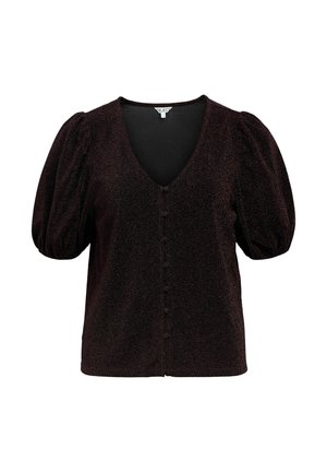 Sort kortærmet blouse med puffede ærmer, dyb V-udskæring og stofbeklædte knapper ned foran.
