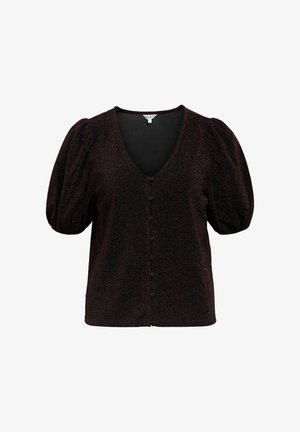 Zwarte blouse met korte mouwen, geplooide mouwen, diepe V-hals en met stof bedekte knopen aan de voorkant.
