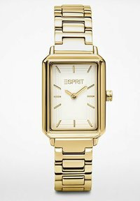 Orologio rettangolare dorato con quadrante bianco, indicatori orari lineari e un bracciale in metallo lucido con maglie intrecciate.