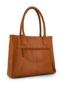 Tote bag en cuir marron avec deux poignées robustes, une poche zippée à l'avant, une texture lisse et une forme rectangulaire structurée.