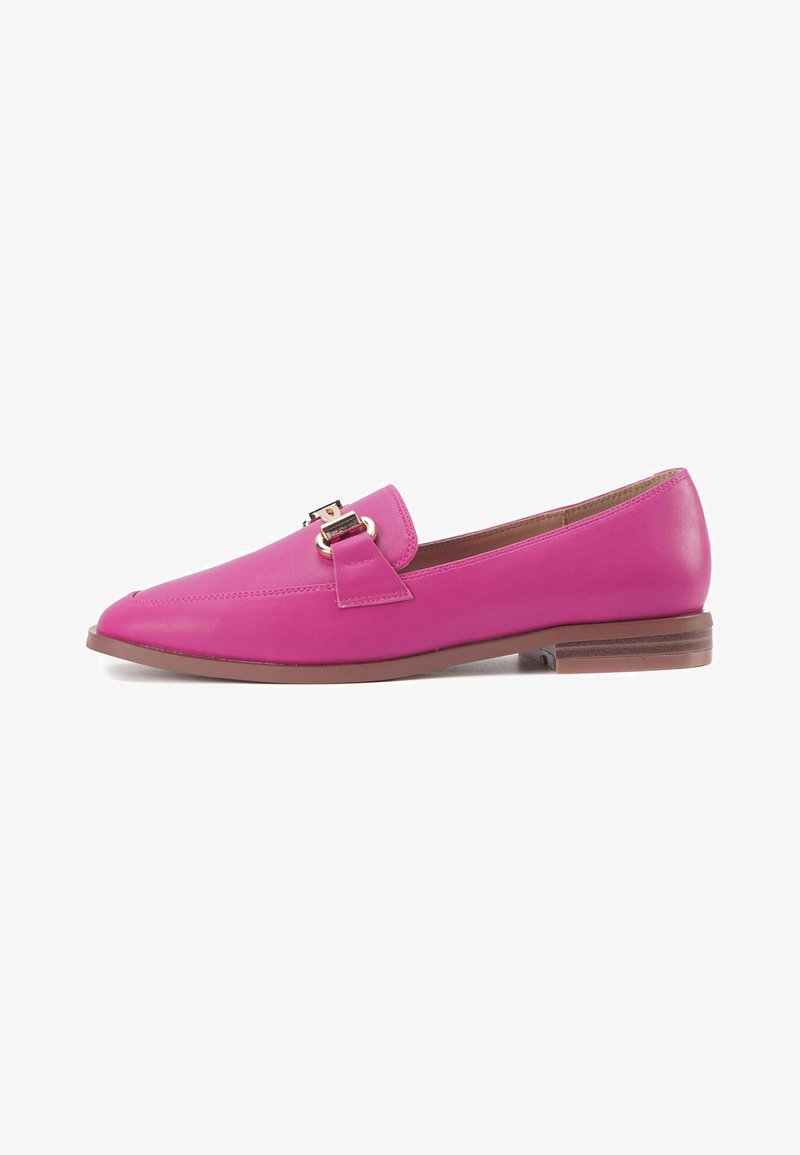 Fuchsia leather loafer with a pointed toe, gold hardware detail, small bow accent, and a low brown heel. Smooth texture.