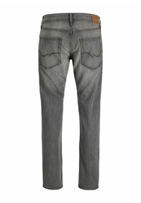 Jeans din denim gri cu un croi drept, având două buzunare la spate, cusături vizibile și o etichetă din piele cu marca pe talie.