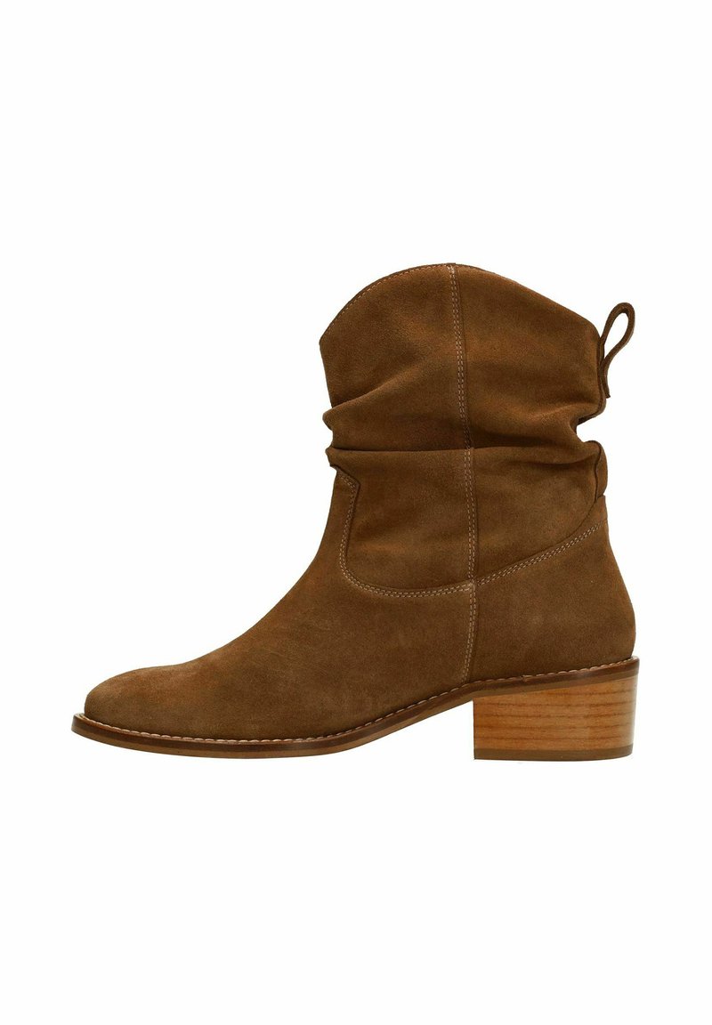 Brown suede ankle boots with a slouched shaft, rounded toe, and a chunky wooden heel. Visible stitching detail along the seams.