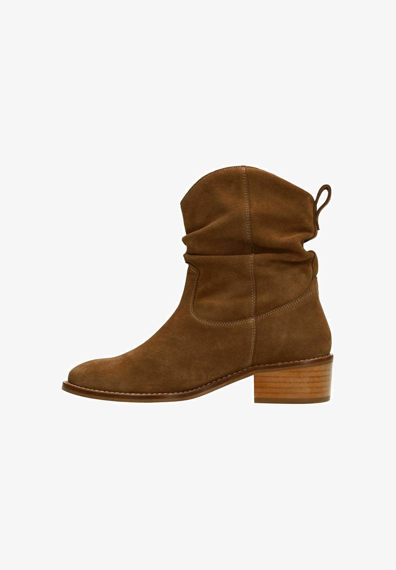 Brown suede ankle boots with a slouched shaft, rounded toe, and a chunky wooden heel. Visible stitching detail along the seams.
