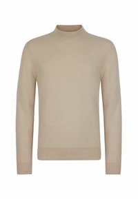 Beiger Pullover mit langen Ärmeln, hohem gerippten Kragen, gerippten Bündchen und Saum, auf einem weißen Hintergrund präsentiert.