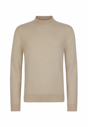 Beige långärmad tröja med hög ribbad krage, ribbade ärmslut och nederkant, visad på en vit bakgrund.
