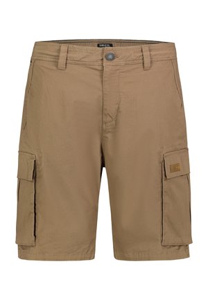 Men's khaki cargo shorts with belt loops, button closure, side pockets, and large flap pockets on each thigh.