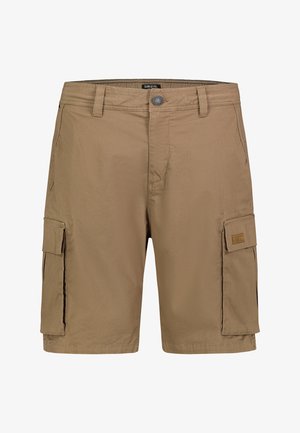 Men's khaki cargo shorts with belt loops, button closure, side pockets, and large flap pockets on each thigh.