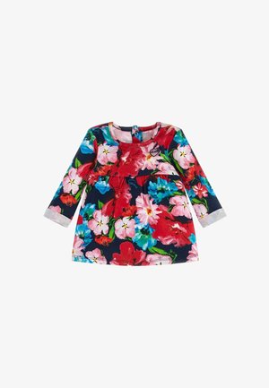 Sukienka z długim rękawem z granatowym tłem ozdobionym żywymi czerwonymi, różowymi i niebieskimi wzorami kwiatowymi; miękka tkanina; okrągły dekolt; zapięcie na guziki z tyłu.