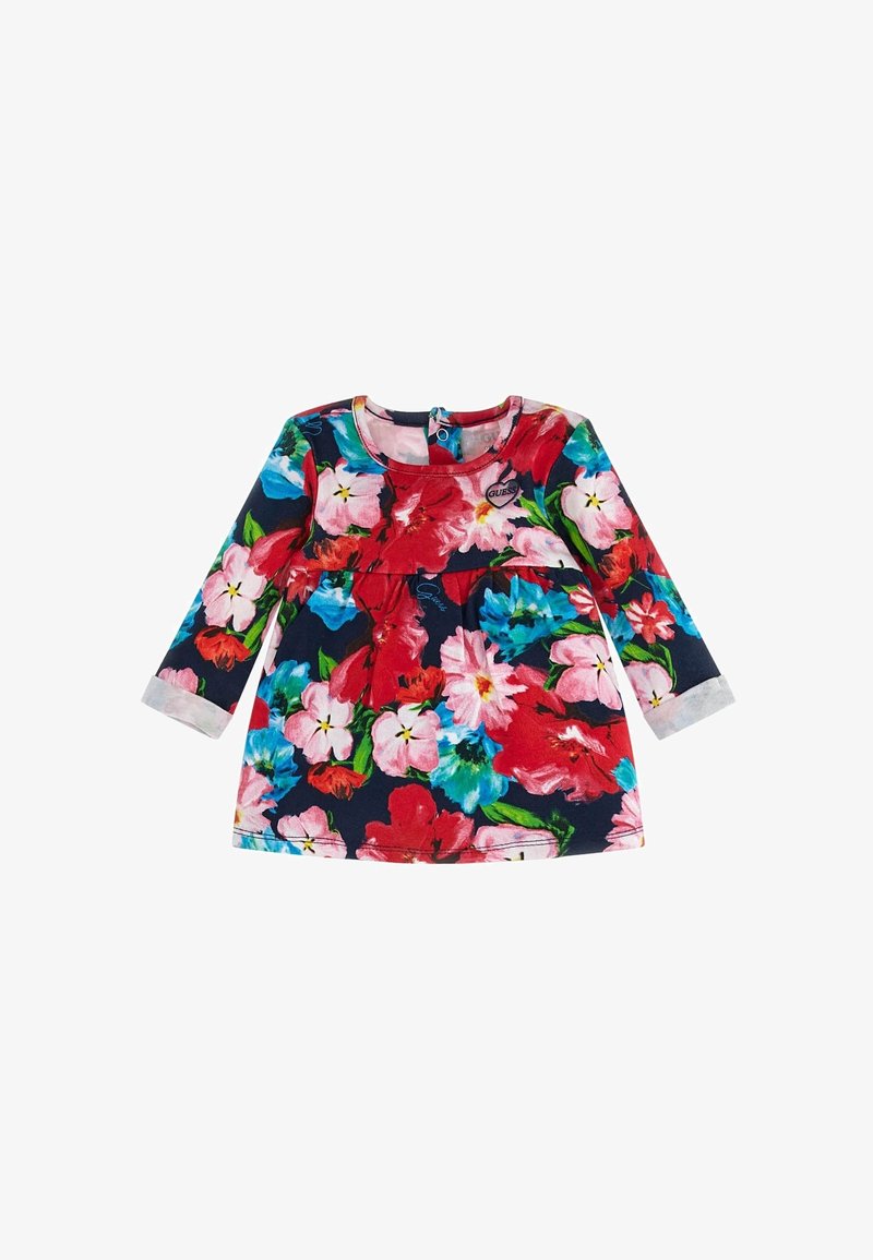 Langarmkleid mit einem marineblauen Hintergrund, der mit lebhaften roten, rosa und blauen Blumenmustern geschmückt ist; weicher Stoff; Rundhalsausschnitt; Knopfverschluss hinten.