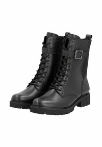 Bottines en cuir noir avec un bout rond, lacées à l'avant, zip sur le côté et sangle réglable avec détail de boucle. Semelle en caoutchouc rainurée.