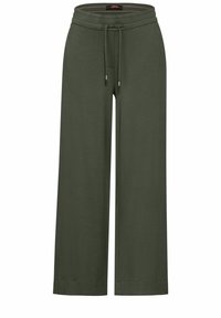 Zielone spodnie typu wide-leg z elastycznym pasem ze sznurkiem, wykonane z miękkiego materiału. Charakteryzują się prostym wzornictwem i prostym wykończeniem dołu.