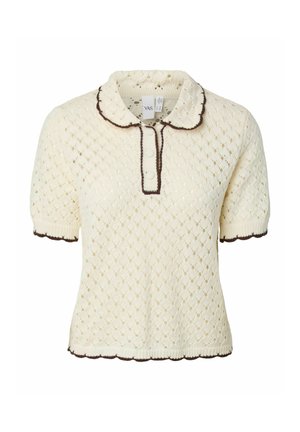 Polo à manches courtes en maille crème avec motif à œillets en forme de losange, bordure marron au col, patte de boutonnage, poignets et ourlet.