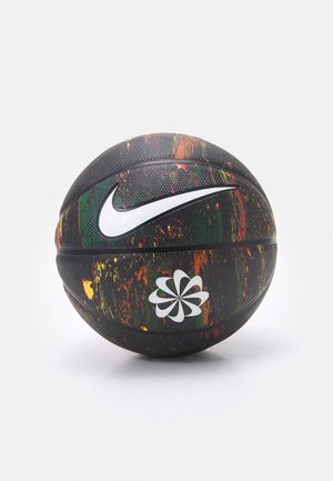 Nike basketball med en svart, tekstuert overflate med fargerike sprutmønstre i grønn, oransje og rød; hvite logoer på begge sider.