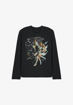 Schwarzes Langarmshirt mit Star Wars-Logo und einer Darstellung von zwei Figuren mit Lichtschwertern in dynamischer Action-Pose.