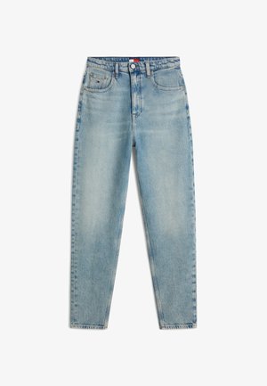 Jean mom taille haute bleu clair avec poches avant, passants pour ceinture, bouton, braguette zippée et décoloration subtile sur les cuisses et les genoux.