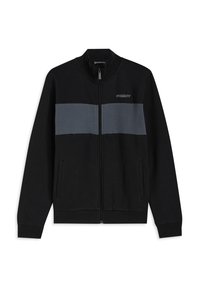 Chaqueta negra con cremallera y una franja horizontal gris a lo largo del pecho. Cuenta con bolsillos laterales y un cuello alto; material de sudadera.